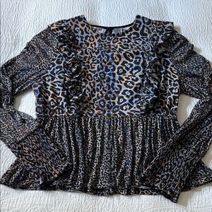 Blank London Leopard Print Peplum Blouse with Ruffle Trim, Size Medium